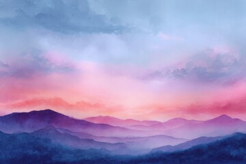 A scenic view of layered mountains under a pastel colored sky at sunset