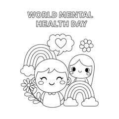 World mental health day celebration with cute cartoon children rainbows flowers and a heart speech bubble isolated on transparent background