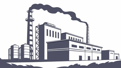 Obraz premium Industrial Factory Illustration with Smoke and Silhouetted Structures