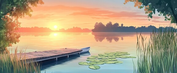 Beautiful summer landscape with a wooden jetty on the lake at sunset, a panorama of lily pads and reeds in the foreground, a wooden boat near the pier, a stunning sky with dramatic clouds over the for