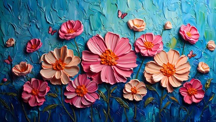 Oil Painting Impressionism, Floral Art Design of Pink Flowers and Butterflies, Abstract Impressionistic Art Piece Showing a Blue Themed Garden with Pink Flowers