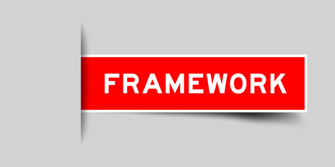 Red color square shape sticker label with word framework inserted in gray background