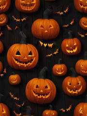 Seamless Halloween Pumpkin Pattern on Rustic Wood Texture – Cozy Autumn Wallpaper with Jack-o'-Lanterns and Earthy Tones