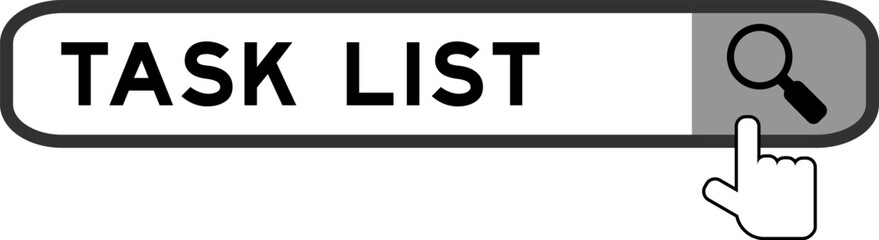 Search banner in word task list with hand over magnifier icon on white background