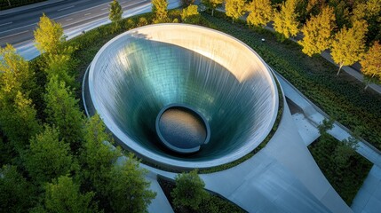 A circular, sunken memorial with a reflective pool.