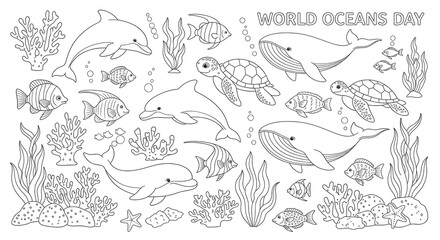 Collection of cute marine animals and plants including dolphins whales turtles fish coral and seaweed for world oceans day coloring isolated on transparent background