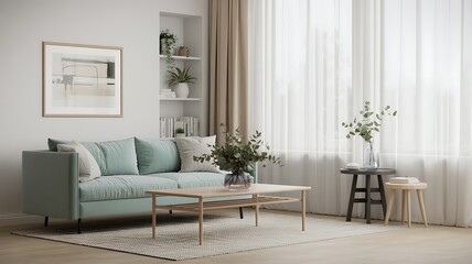 Serene living room with mint sofa and abstract art coffee