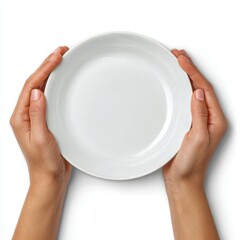 Hands holding a clean white ceramic plate in a top down view isolated on white background