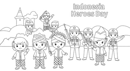 Cute cartoon children dressed as indonesian heroes celebrating heroes day with traditional and military attire isolated on transparent background