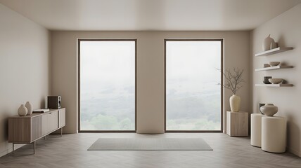 Obraz premium Serene neutral living space with large windows and minimalist decor room