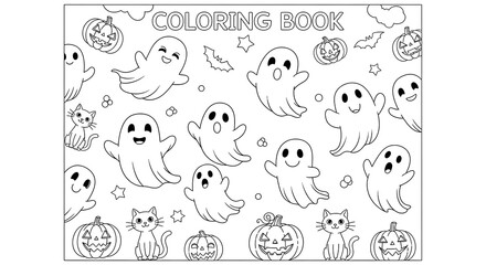 Cute halloween coloring book page featuring ghosts pumpkins and black cats with bats and stars isolated on transparent background