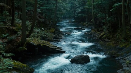 A tranquil river flowing through a dense forest.