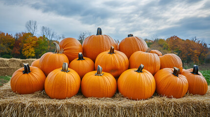 Pumpkin Season, a pile of vibrant orange pumpkins at a countryside roadside stand, surrounded by hay bales and fall foliage