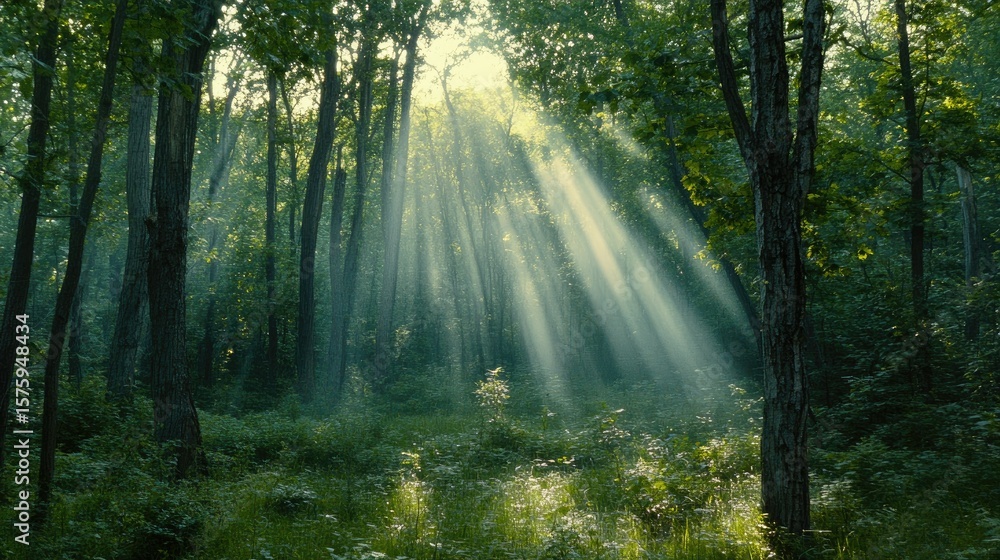 Poster sunlight streams through a dense forest.