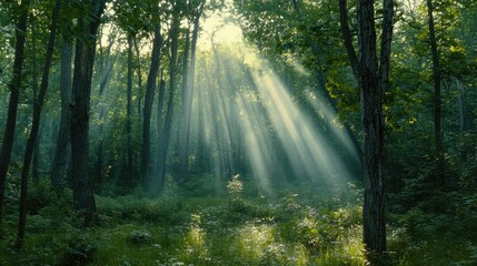Obraz premium Sunlight streams through a dense forest.
