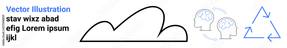 Poster minimalist cloud outline, two heads in thought, and a triangular cycle emphasizing process, idea flo