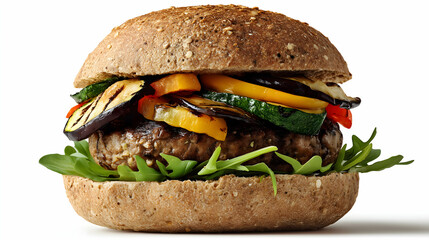 Burger with grilled zucchini, eggplant, bell peppers, and leafy greens in a whole grain bun, isolated on white background. Colorful, healthy, and hearty sandwich.