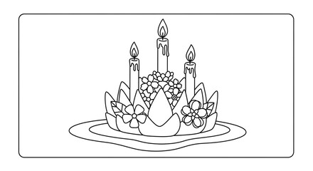 A line art illustration of a traditional thai krathong decorated with flowers and three lit candles isolated on transparent background