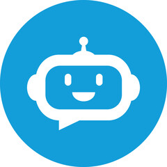 Fototapeta premium White chatbot icon with smiling face inside speech bubble on blue circle background for AI support 