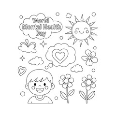 Happy child with sun clouds flowers and hearts celebrating world mental health day with positive thoughts isolated on transparent background