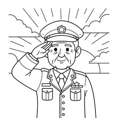 A smiling military officer in uniform salutes with respect and honor against a backdrop of sun rays and clouds isolated on transparent background