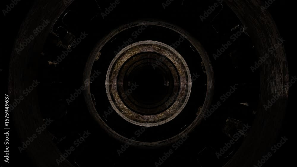 Poster endless forward movement through abstract tunnel of rusty pipes. 3d render looped animation