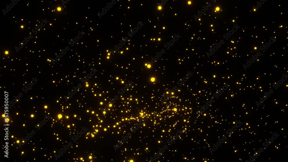 Poster yellow particles move chaotically on a black background. 3d render looped animation
