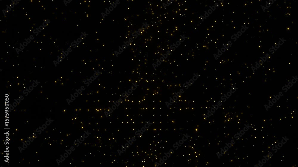 Poster yellow particles move chaotically on a black background. 3d render looped animation