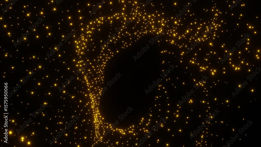 Poster yellow particles move chaotically on a black background. 3d render looped animation
