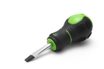 screwdriver with green handle on a white background.
