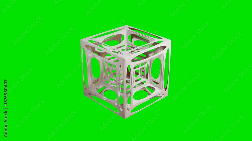 Poster smooth light gray cube frame with dents rotates on green background. 3d render looped animation