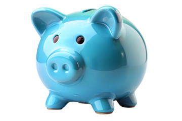 Sky blue piggy bank standing on transparent or clear surface PNG transparent background
