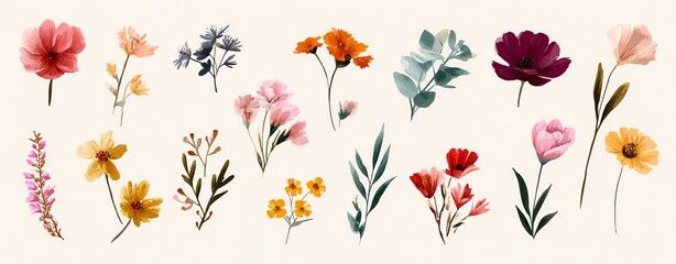Fototapeta premium Collection of spring colorful flower elements vector. Set floral of wildflower Colorful assorted floral arrangement illustration.