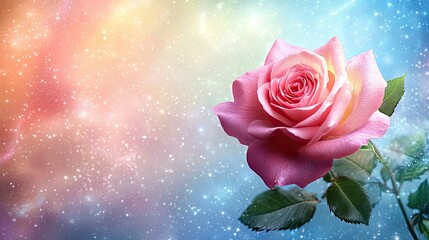 Close-Up Pink Garden Rose with Green Leaves and Blue Sky in Summe Abstract Rainbow Spectrum Background with Starry Swirls (Aerial View)