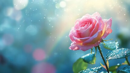 Close-Up Pink Garden Rose with Green Leaves and Blue Sky in Summe Abstract Rainbow Spectrum Background with Starry Swirls (Aerial View)