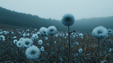 A field of frosted flowers under a misty sky.