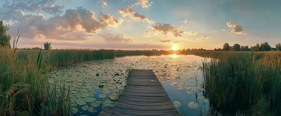 Beautiful summer landscape with a wooden jetty on the lake at sunset, a panorama of lily pads and reeds in the foreground, a wooden boat near the pier, a stunning sky with dramatic clouds over the for