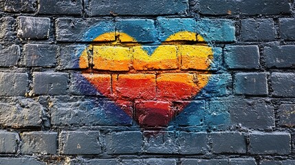 Close-Up Rainbow Heart Graffiti on Grey Brick Wall