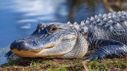 A close-up of a resting alligator lying on grass near water, showcasing its textured, scaly skin and detailed facial features.
