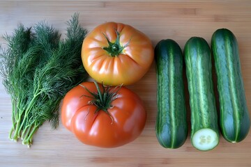 Fresh Tomatoes, Cucumbers, and Dill on Wooden Board