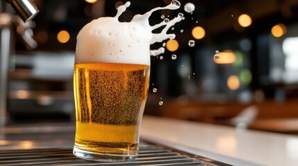 Refreshing Glass of Beer Being Poured with Bubbles and Golden Foam