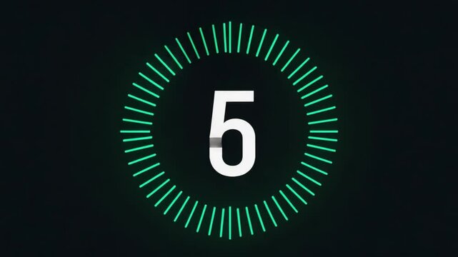 Countdown Timer: Five seconds to go. A stylish countdown timer graphic displays a prominent "5" within a vibrant green circular design against a dark background.  