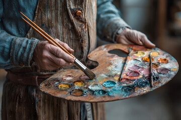 Obraz premium A close-up of a person holding a paintbrush and palette