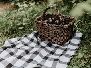 Wicker Basket of Plums on Picnic Blanket Outdoors