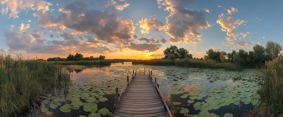 Beautiful summer landscape with a wooden jetty on the lake at sunset, a panorama of lily pads and reeds in the foreground, a wooden boat near the pier, a stunning sky with dramatic clouds over the for