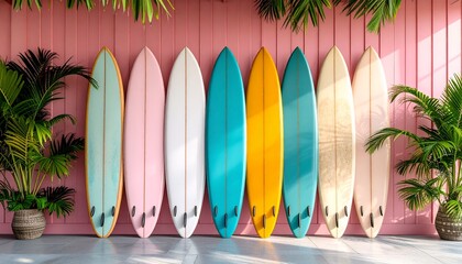 Colorful surfboards lean against the pink exterior of a surf shop, with palm trees in the background evoking a laid-back beach vibe and coastal lifestyle.