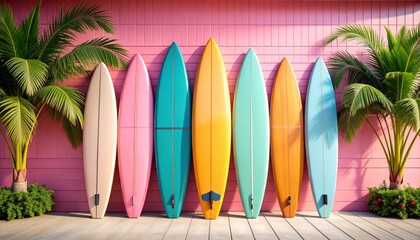 Colorful surfboards lean against the pink exterior of a surf shop, with palm trees in the background evoking a laid-back beach vibe and coastal lifestyle.
