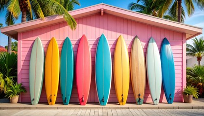 Colorful surfboards lean against the pink exterior of a surf shop, with palm trees in the background evoking a laid-back beach vibe and coastal lifestyle.