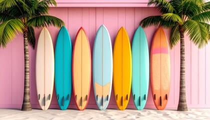 Colorful surfboards lean against the pink exterior of a surf shop, with palm trees in the background evoking a laid-back beach vibe and coastal lifestyle.
