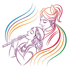Lord Krishna with flute Vector line art illustrations